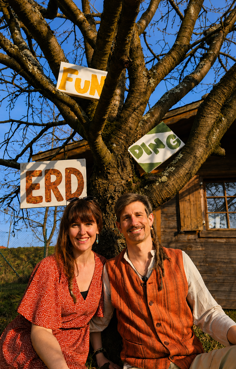 Anna und Harald sitzen lachend unter einem kahlen Baum vor einer Holzhütte